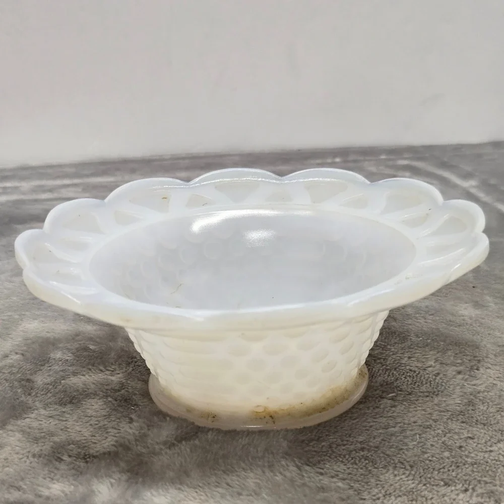 Vintage White Milk Glass Hobnail Bowl Open Lace Edge Rim Trinket Dish 6.5 Inch